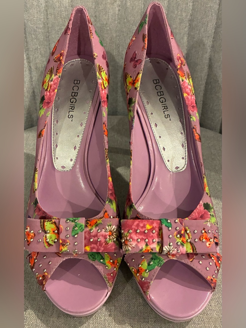 BCBGirls Pink Floral Open-Toe Heels with Bow & Studs